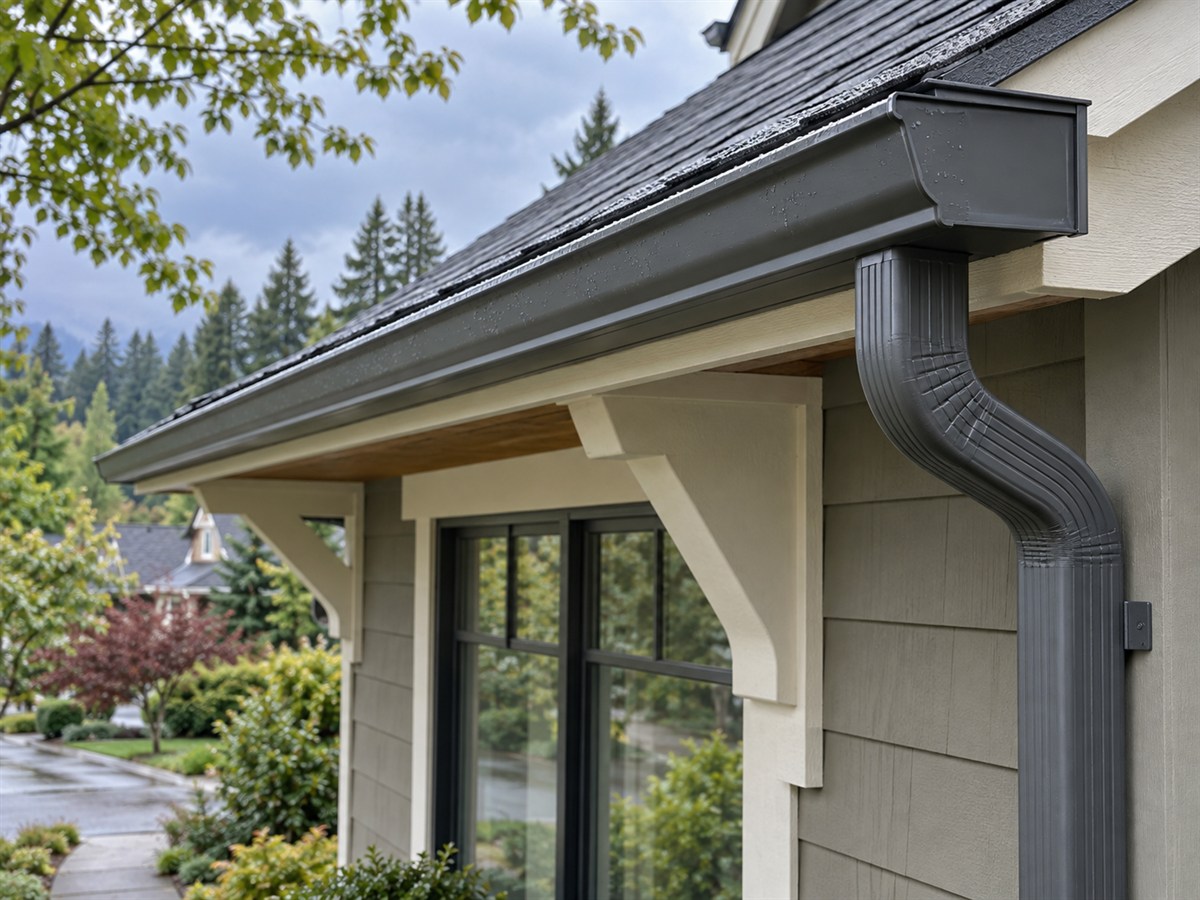 Gutter Installation in Milwaukie, Oregon Seamless gutter and downspout on a Milwaukie, Oregon home after rainfall