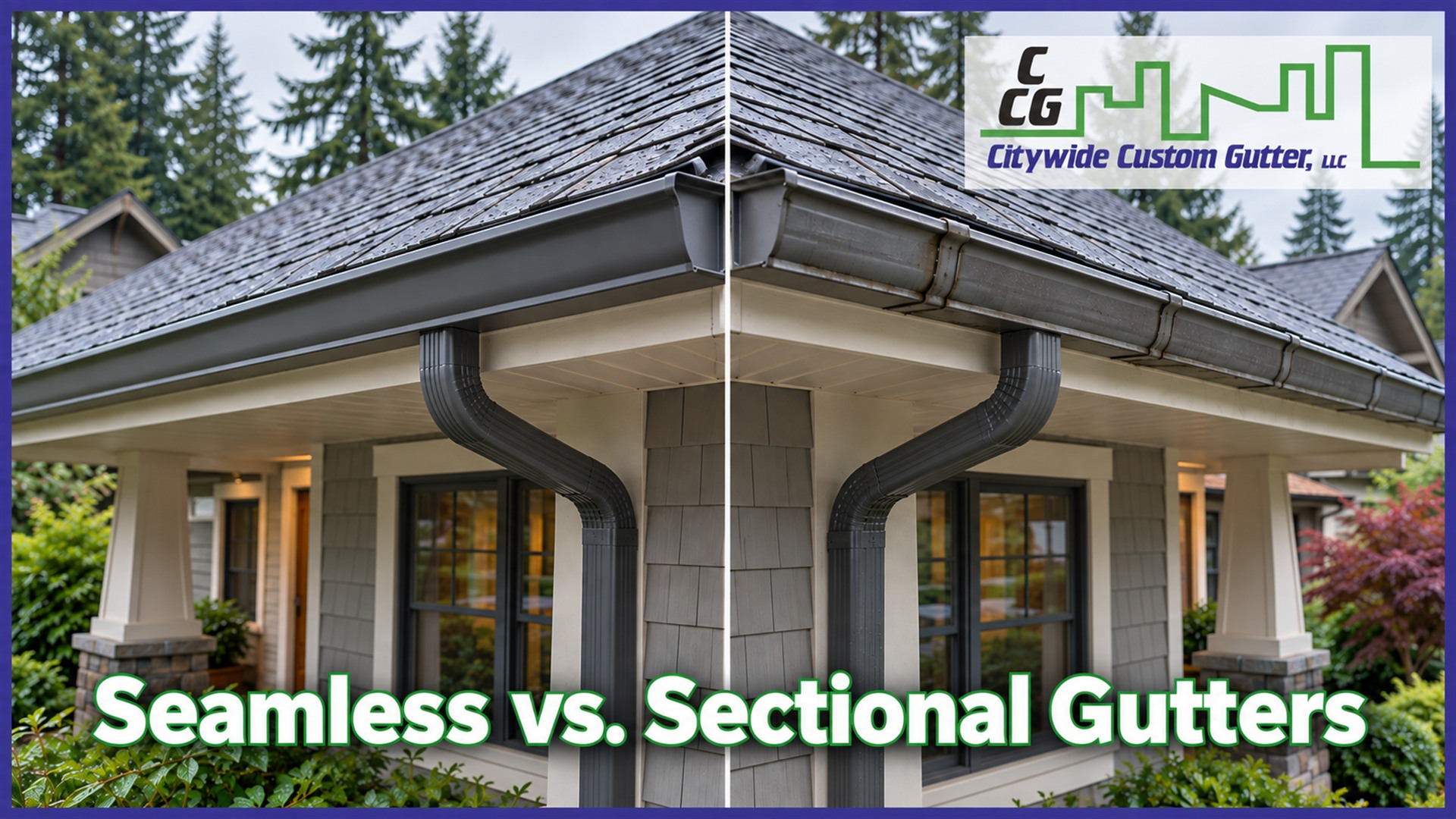 Side-by-side comparison of seamless and sectional gutters on a Pacific Northwest home