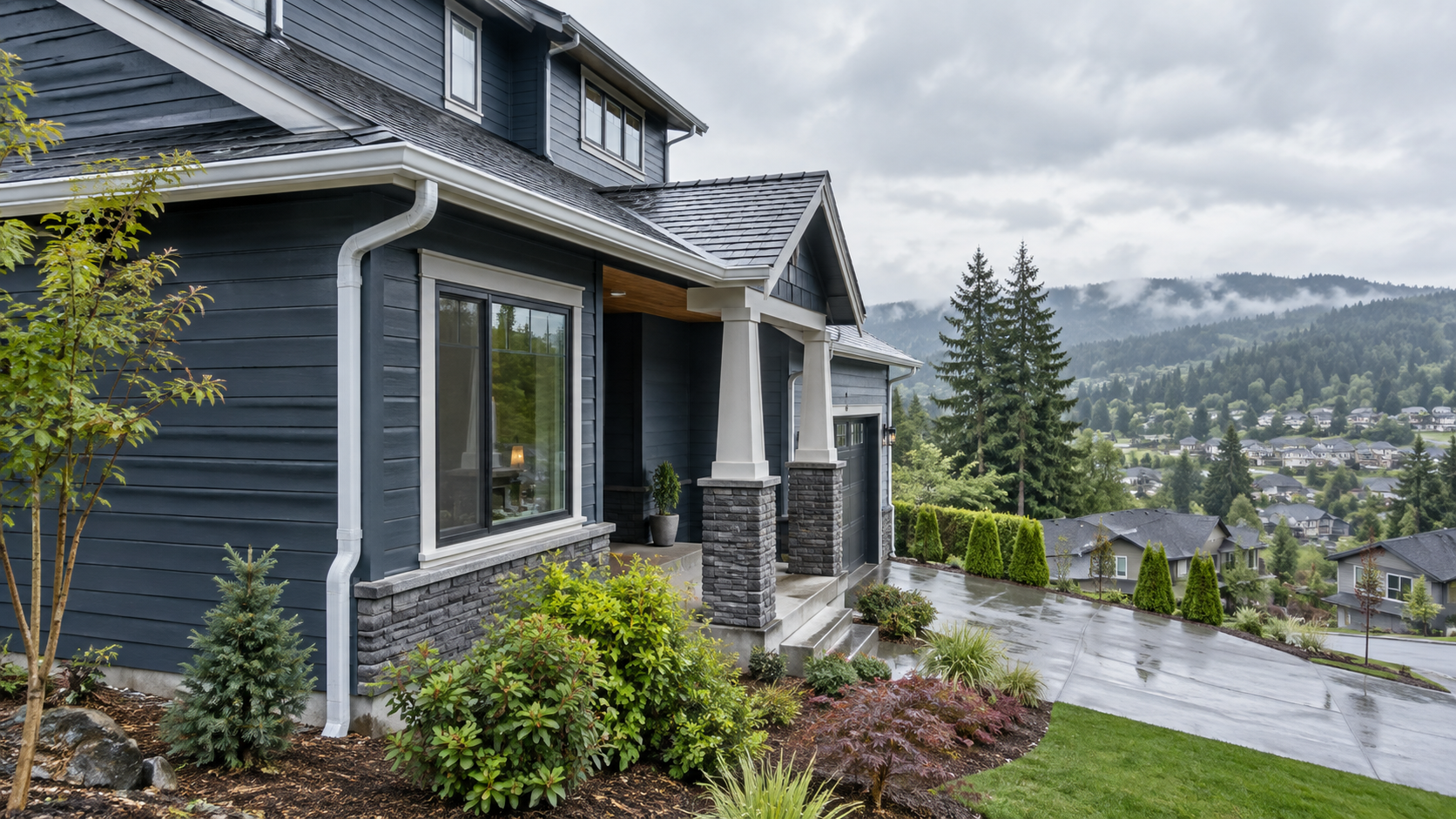 Seamless gutter installation on a hillside home in Happy Valley, Oregon